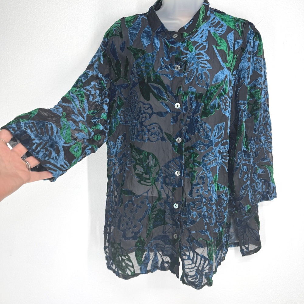 Ruby Rd Womens Burnout Velvet Dark Floral Sheer Button Shirt Size 16 Boho Goth